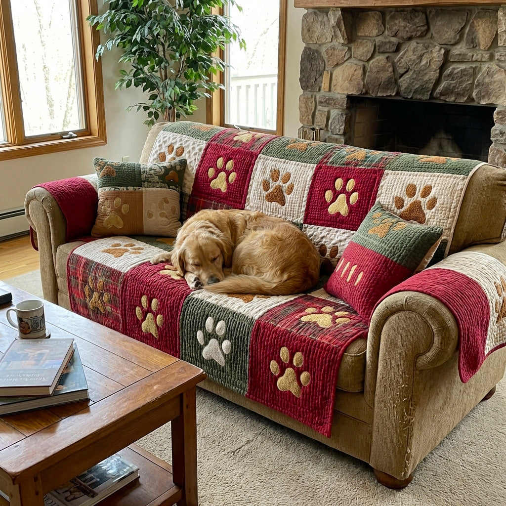 Quilted Sofa Cover with Christmas Little Paws