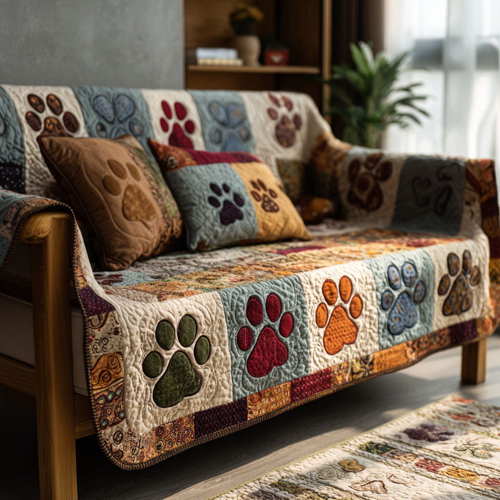 Quilted Sofa Cover with Paw Prints