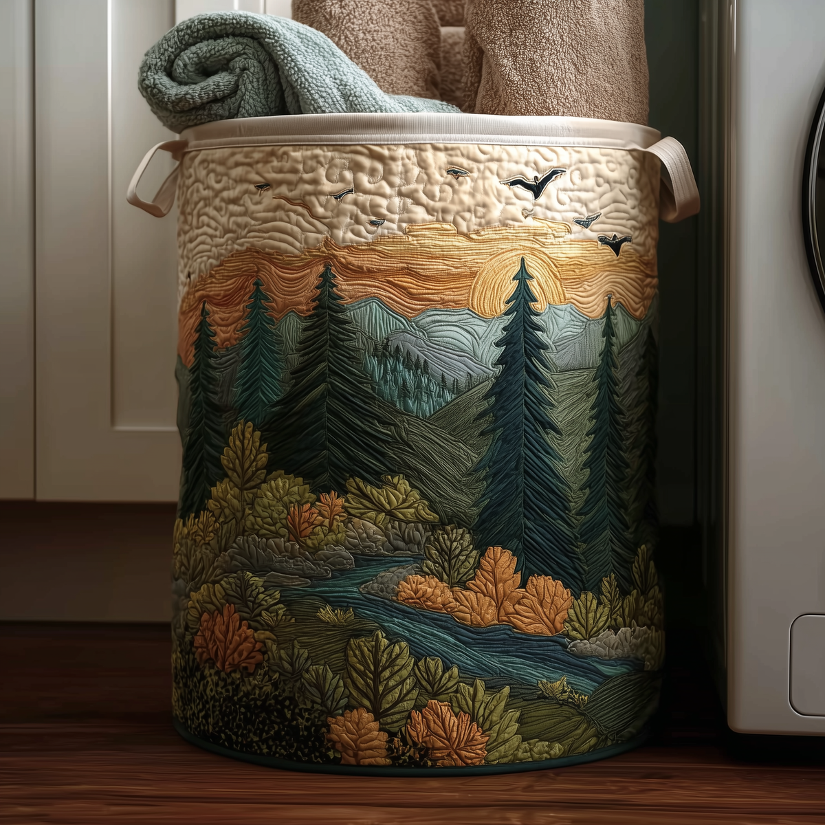 Quilted Laundry Basket with Nature Landscape