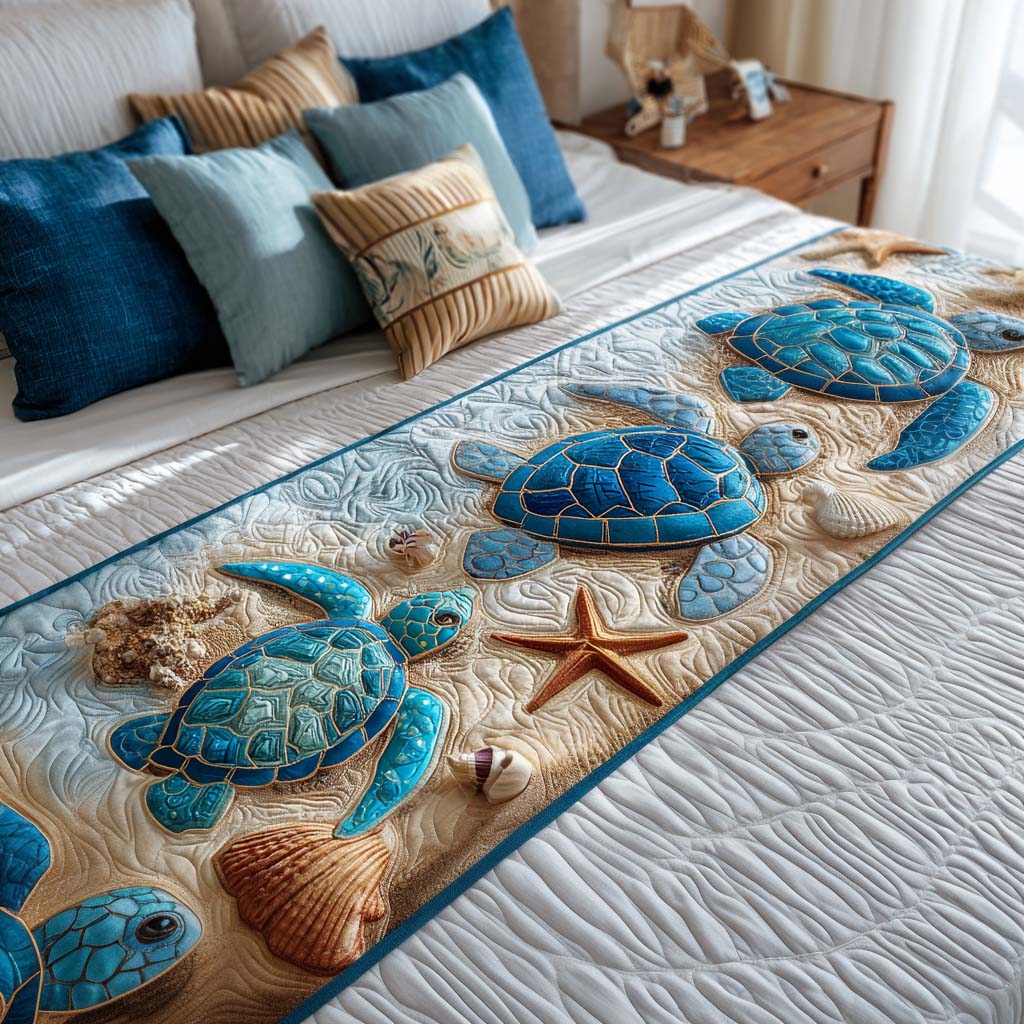 Quilted Bed Runner – Peaceful Turtle Cove