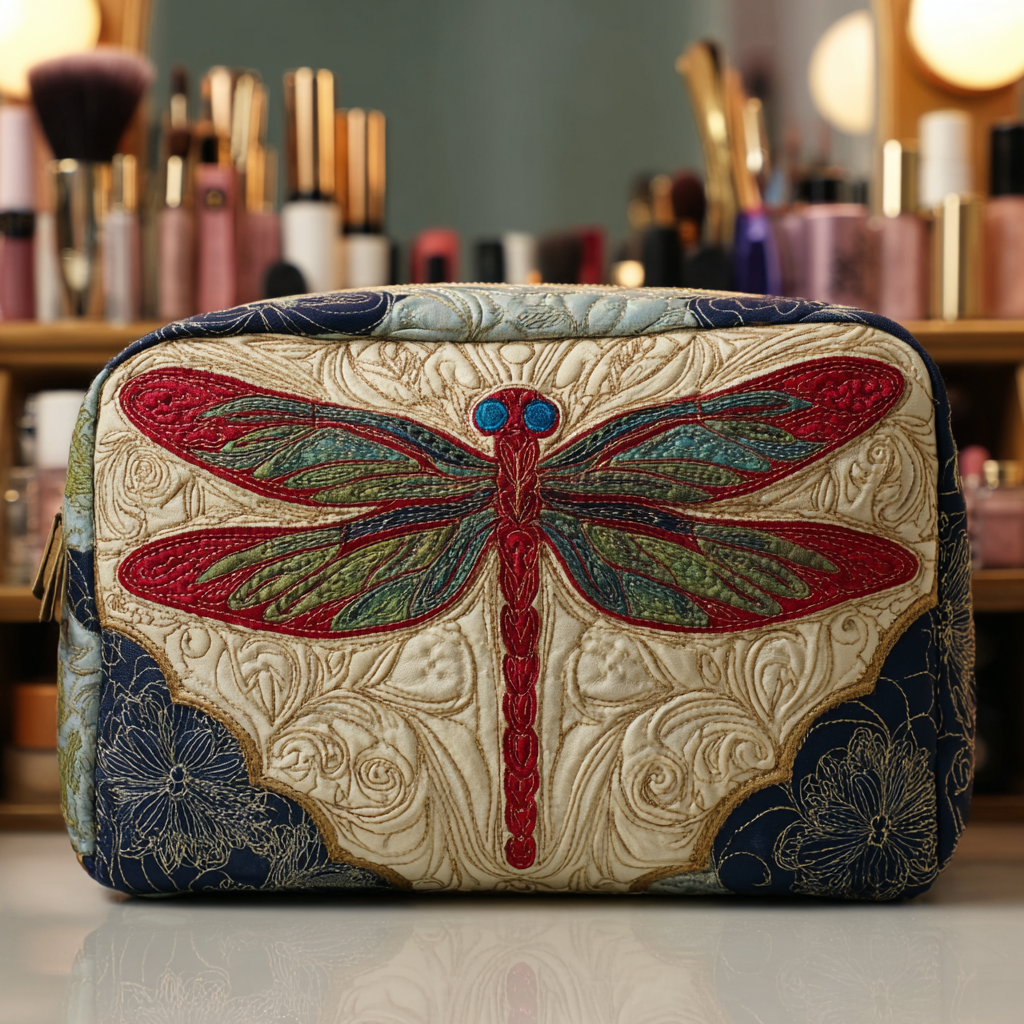 Quilted Makeup Bag with Delicate Dragonfly