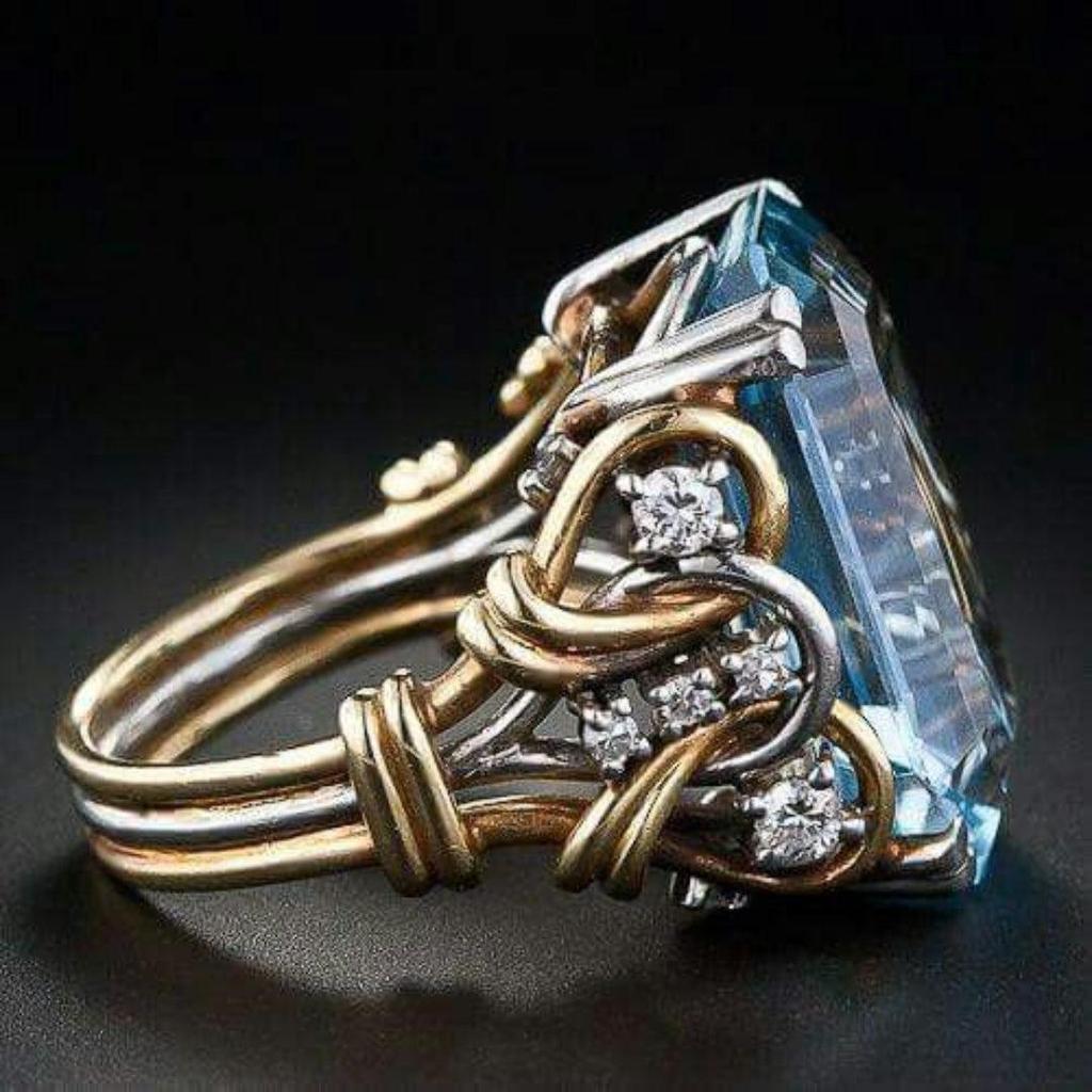 Retro Gold Ring with Multi-Row Blue Zirconia