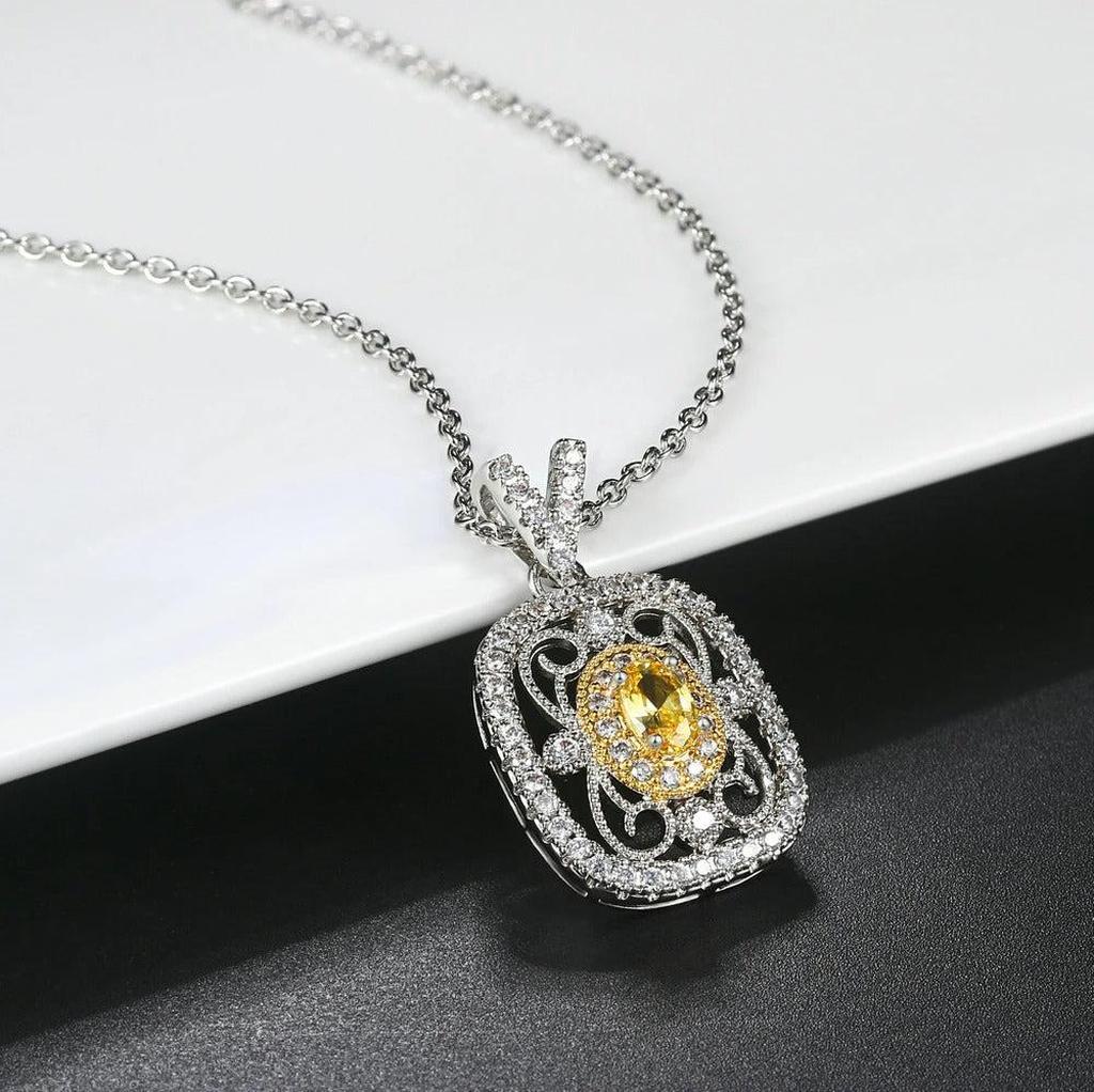 Retro Necklace with Yellow Stones and Crystals in White Gold