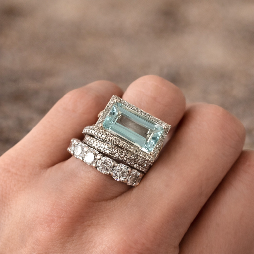 Retro Ring Set of White Gold with Turquoise Glass Stone