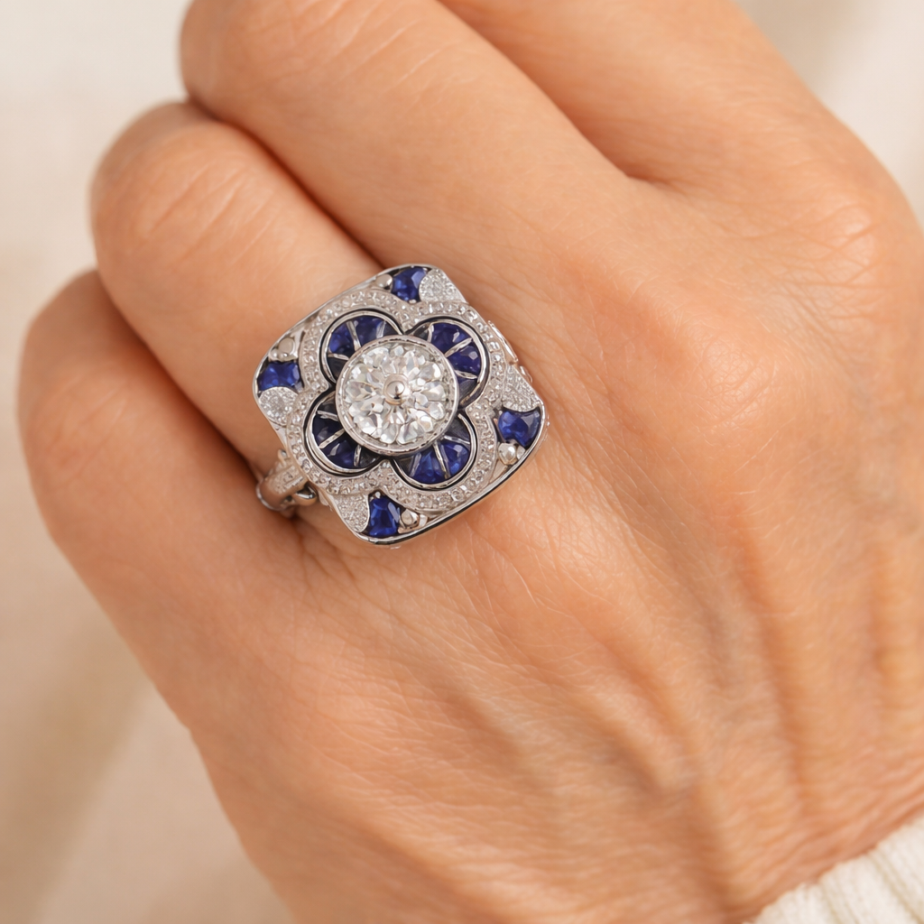 Retro Ring in White Gold with Blue Zirconia