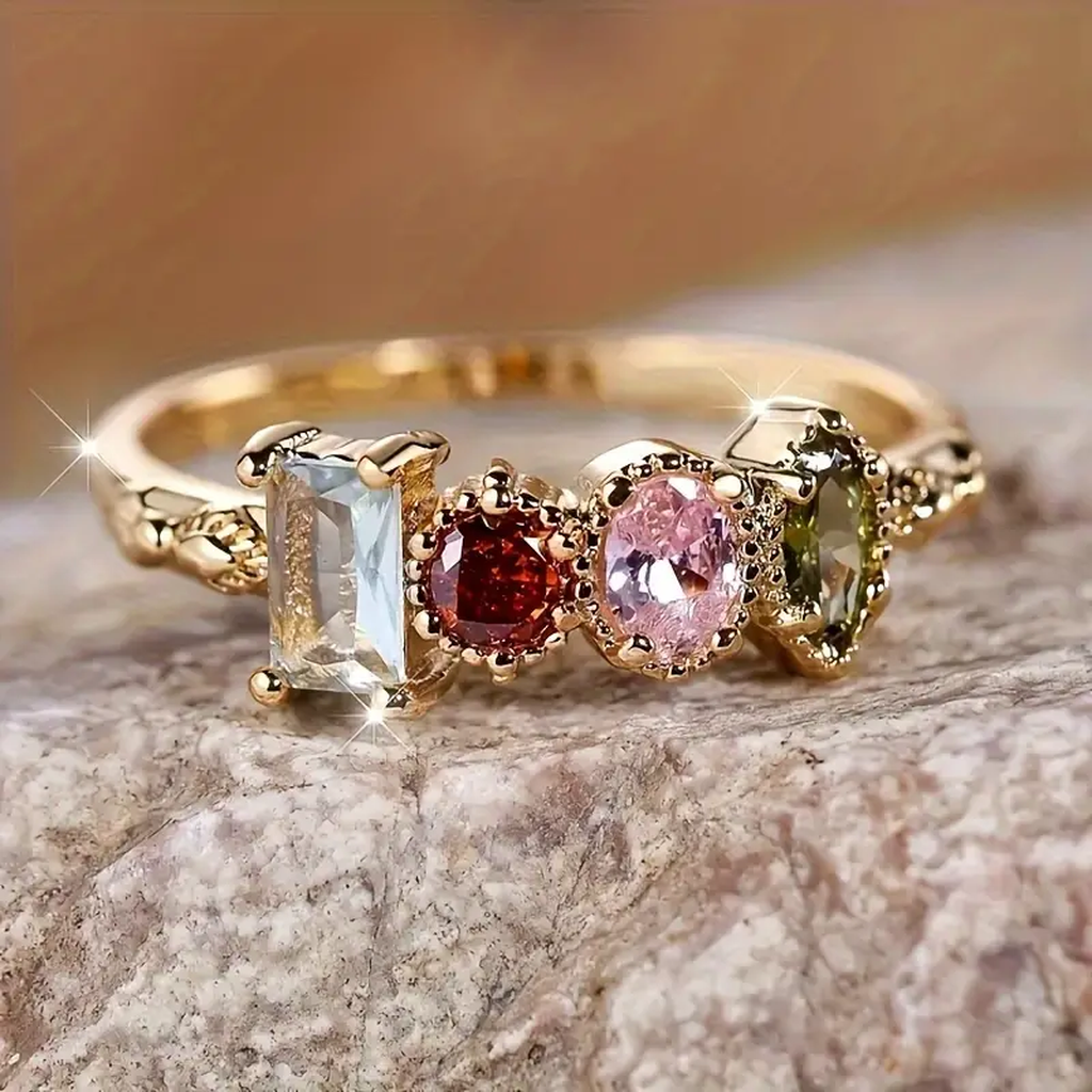 Retro Ring with Colourful Glass Stones and Gold