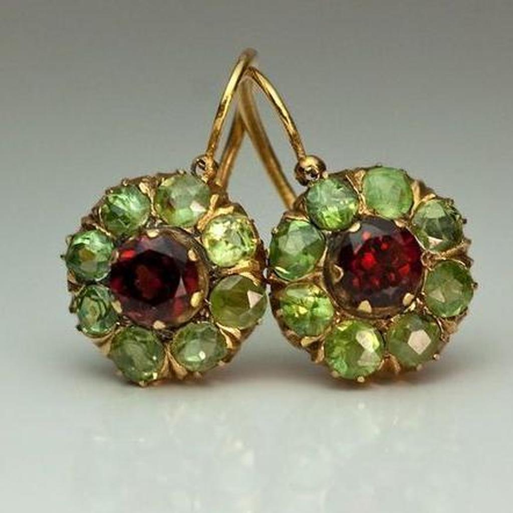 Round Retro Earrings with Green and Red Crystals