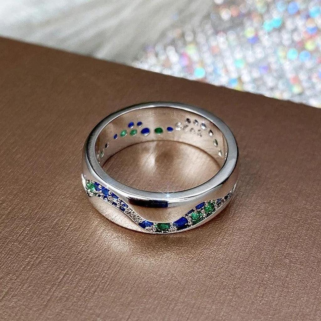 Retro White Gold Ring with Blue and Green Stones in Wave Shape