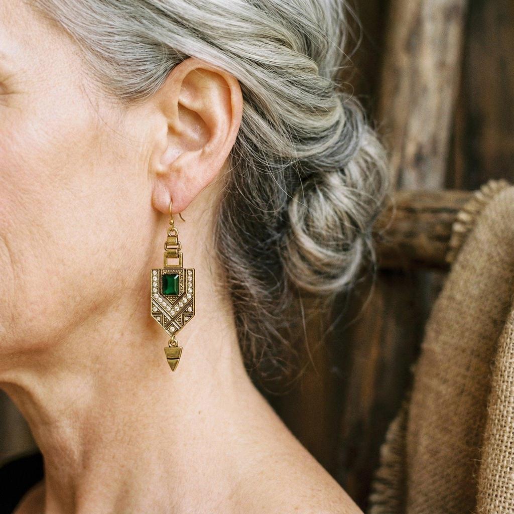 Geometric Retro Earrings in Gold and Green