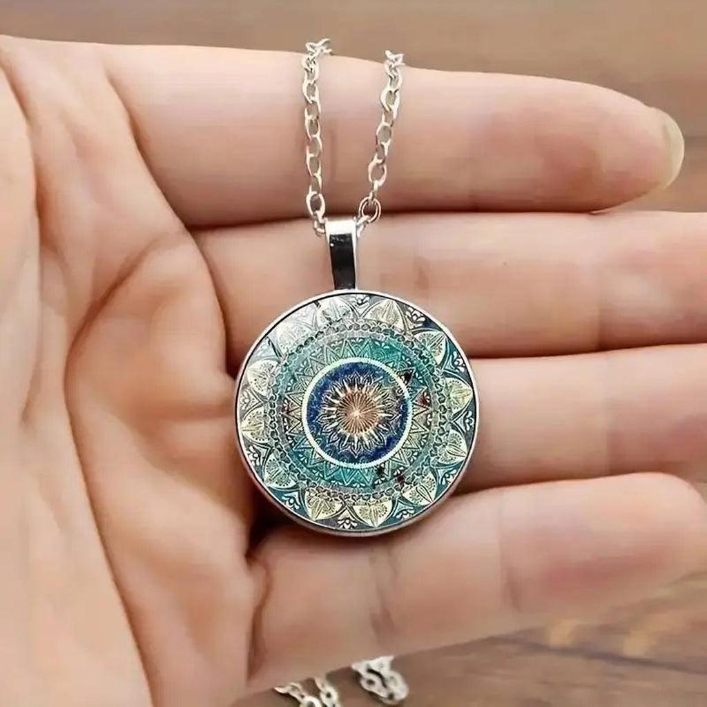 Round Retro Necklace with Blue Mandalas