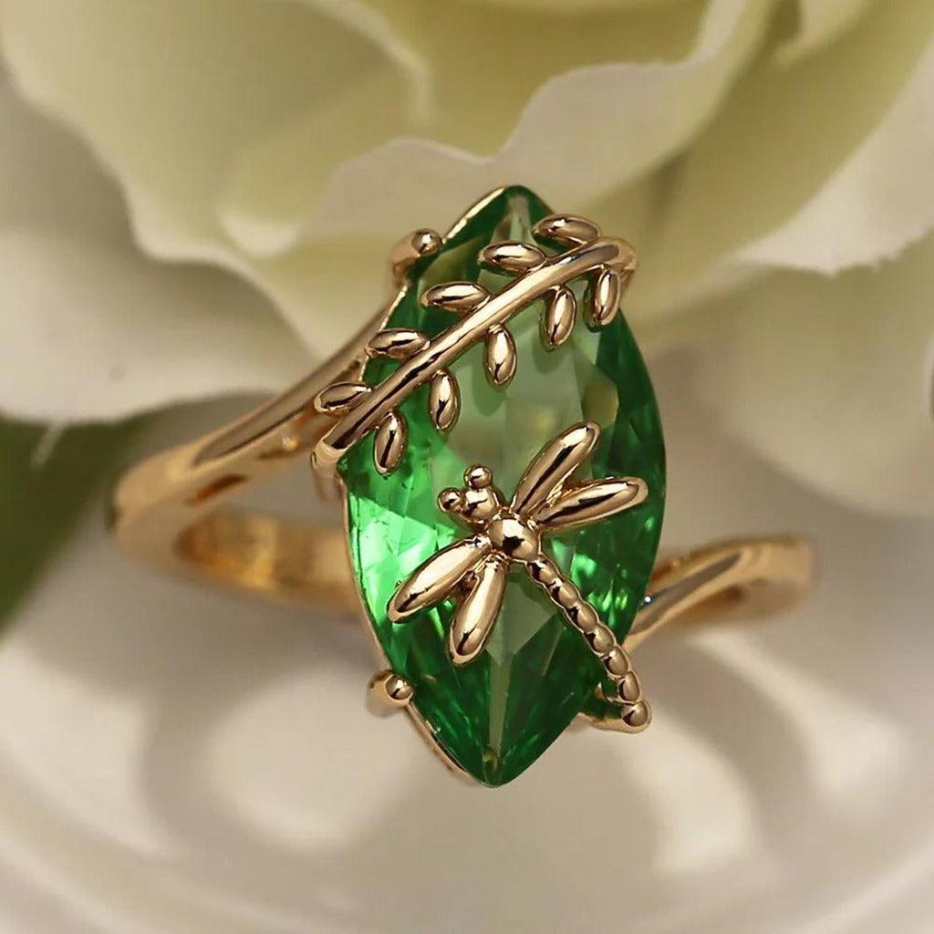 Ring with Green Stone and Dragonfly