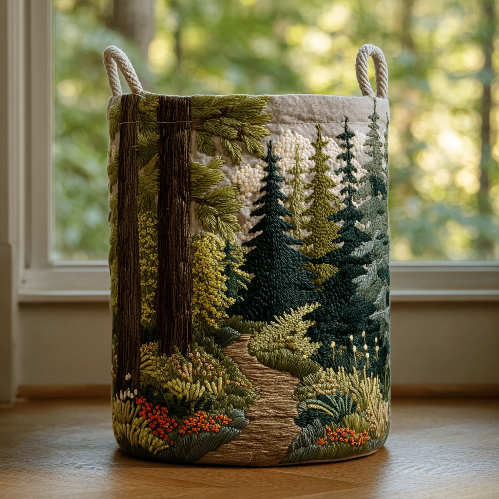 Embossed Quilted Laundry Basket with Nature Landscape