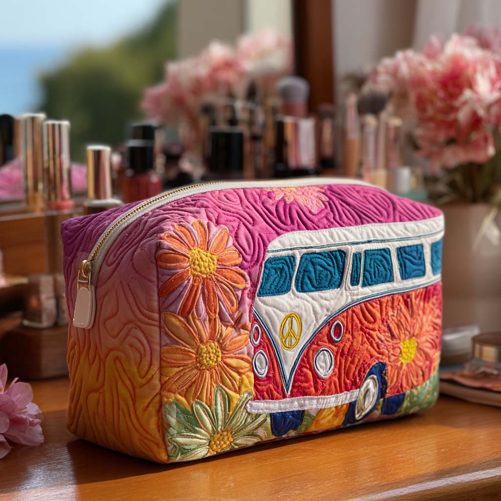 Quilted Makeup Bag with Retro Travel Pattern
