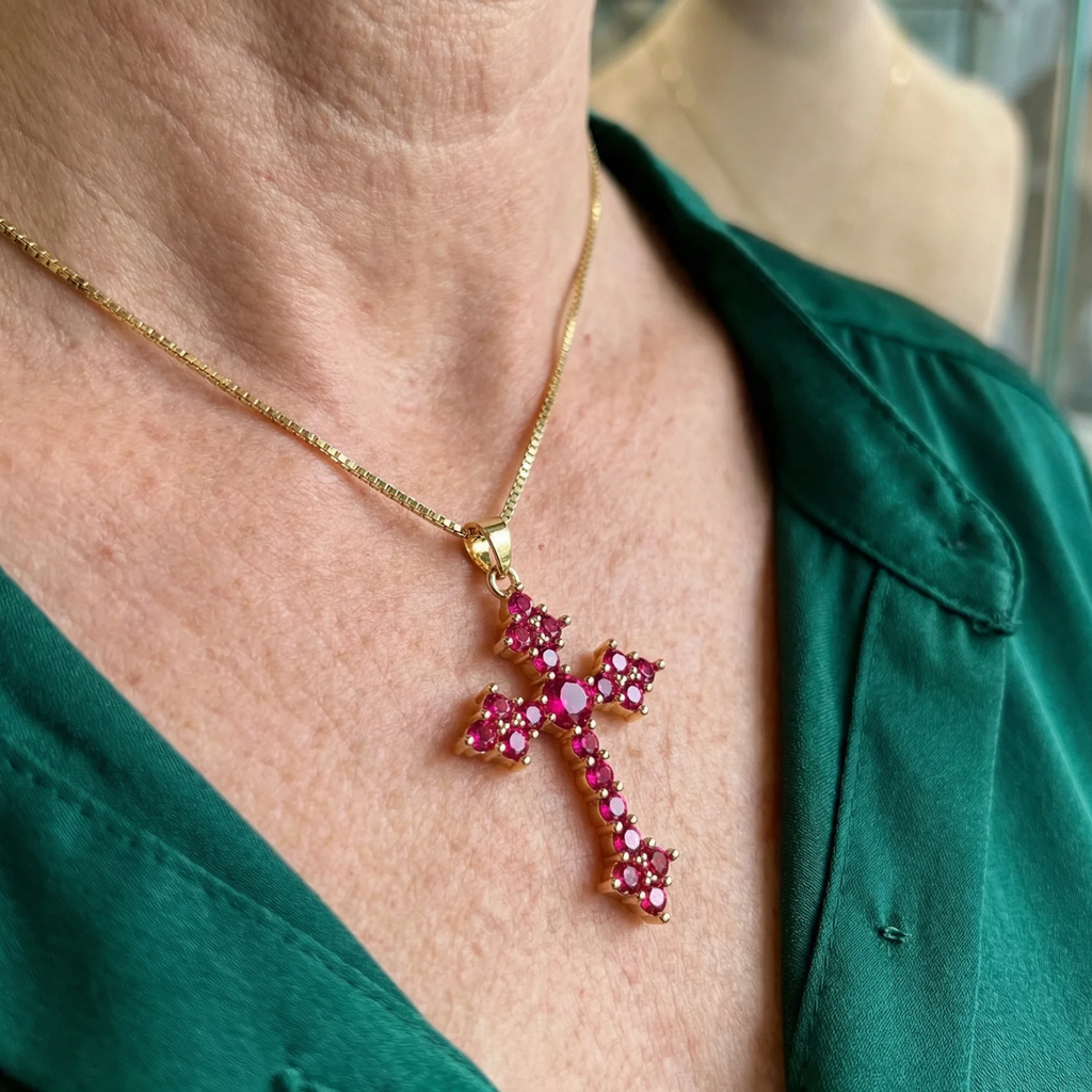 Pink Cross Necklace with Stone Setting | Gold