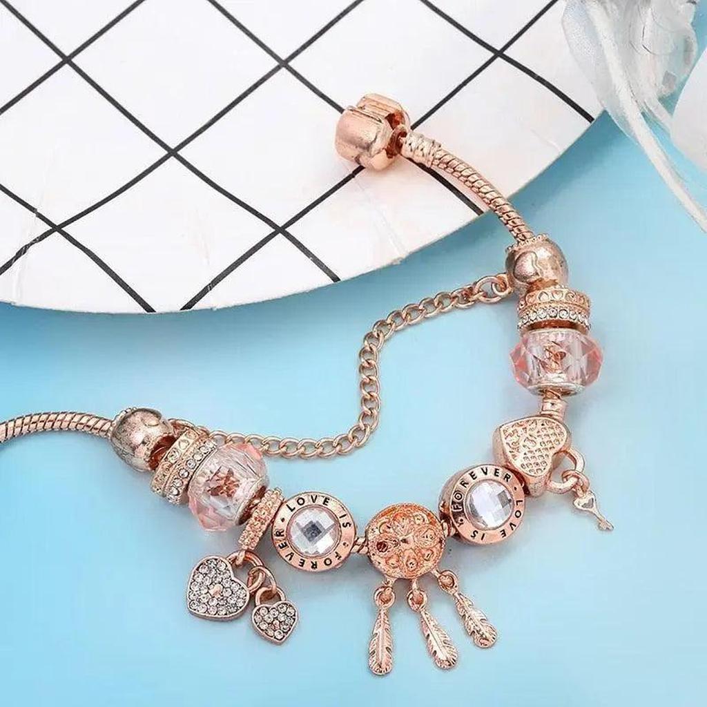 Pink Dreamcatcher Bracelet with White Gold Pendants