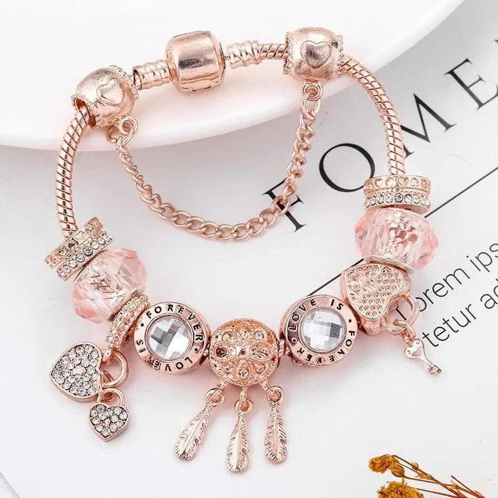 Pink Dreamcatcher Bracelet with White Gold Pendants