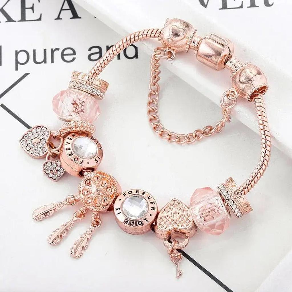 Pink Dreamcatcher Bracelet with White Gold Pendants