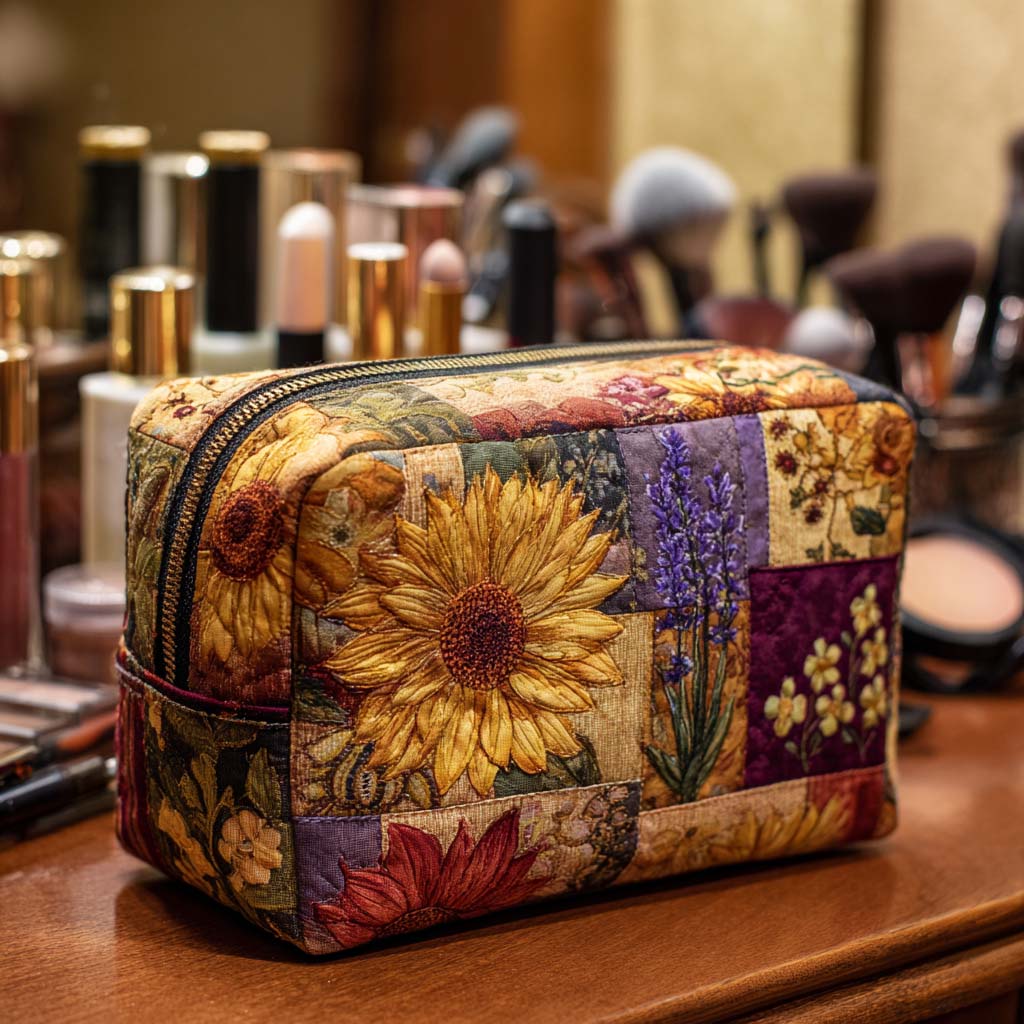 Quilted Makeup Bag with Rustic Sunflower