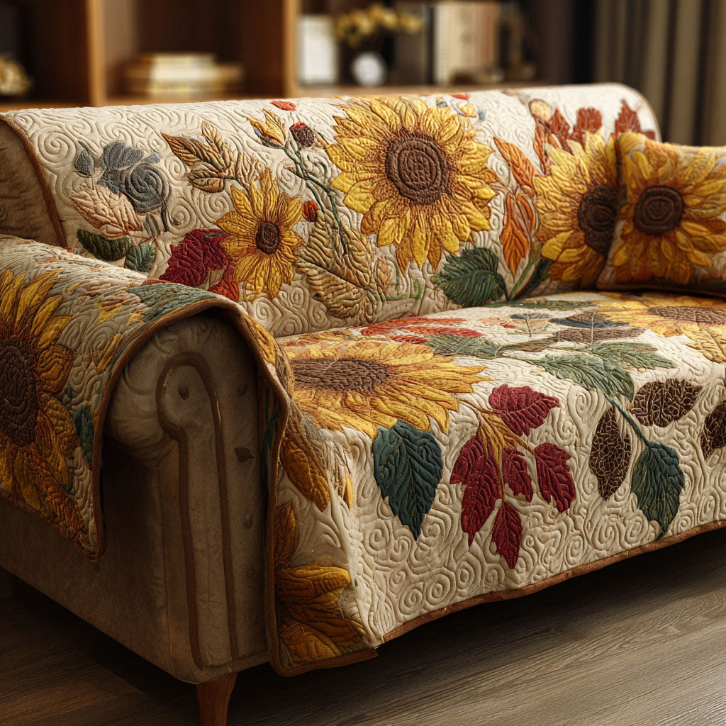 Quilted Sofa Cover with Rustic Sunflowers