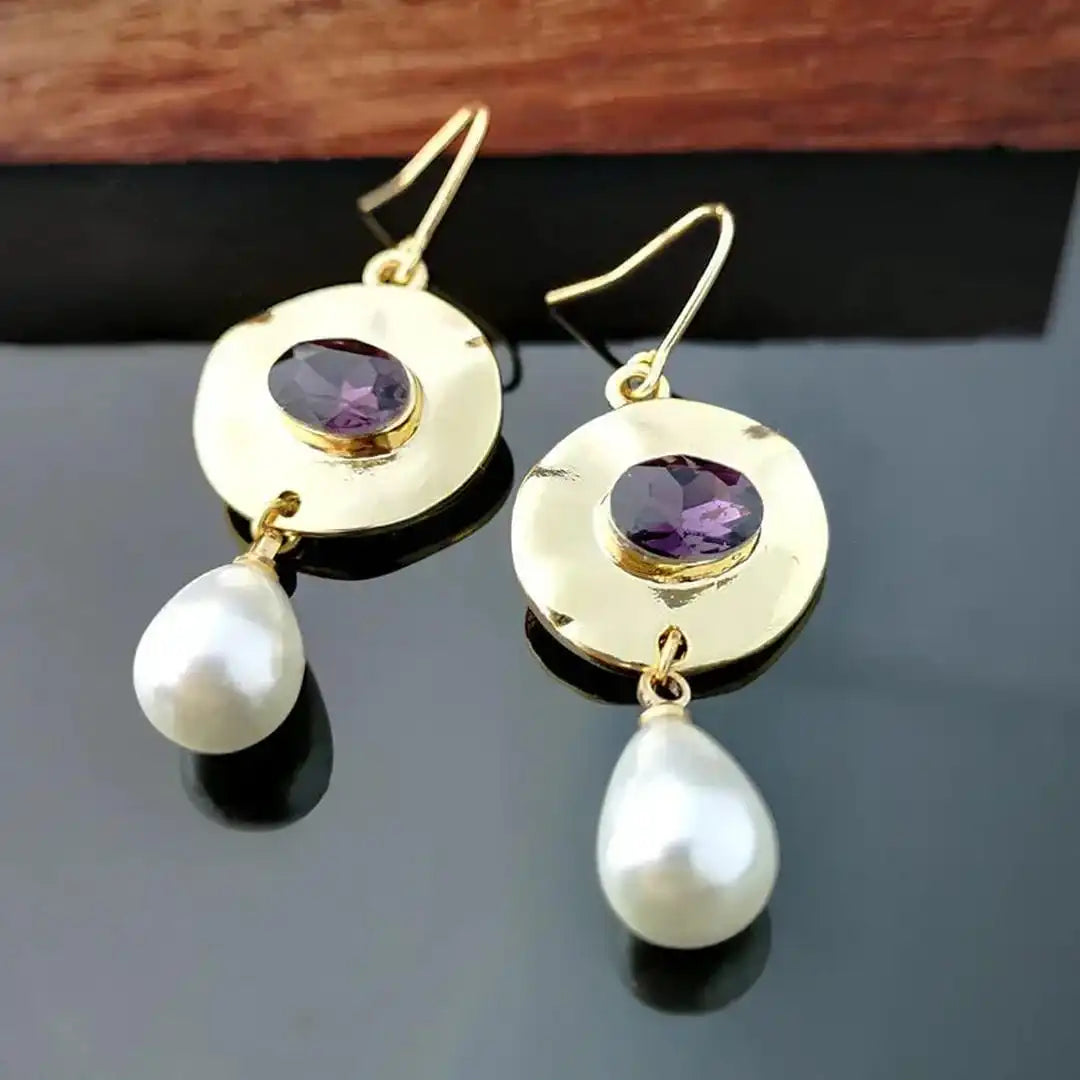 Earrings with Violet Stone and Pearl