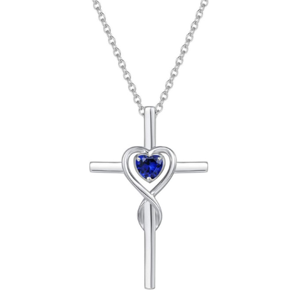 Cross Necklace with Sapphire Heart | White Gold