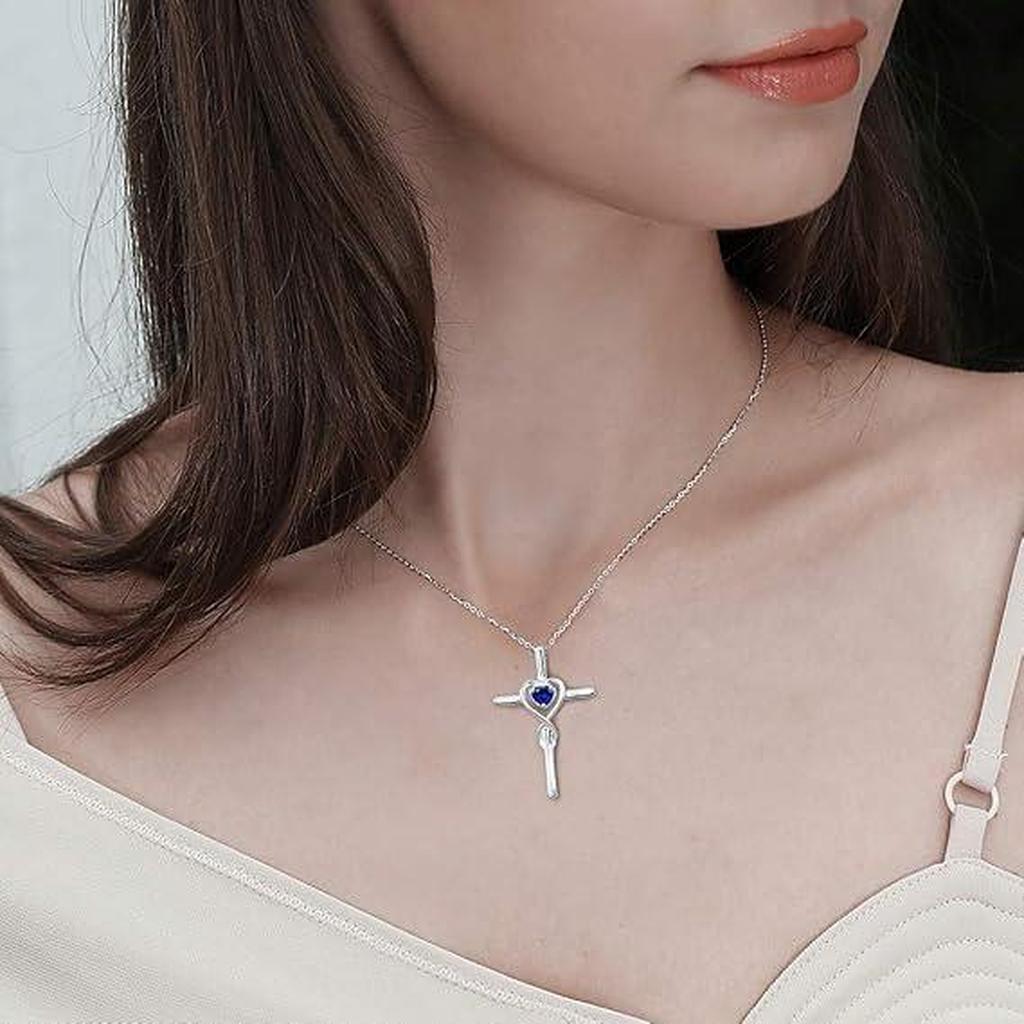 Cross Necklace with Sapphire Heart | White Gold