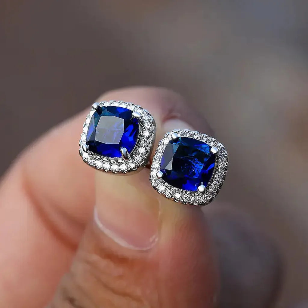 Square Sapphire Stud Earrings | White Gold