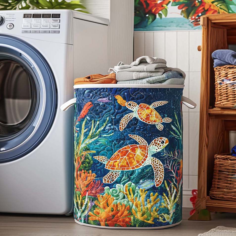 Quilted Laundry Basket with Sea Turtle