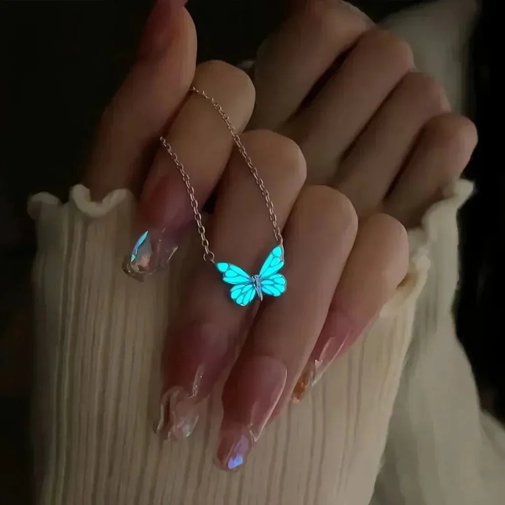 Set: Necklace and Bracelet with Luminous Blue Butterfly