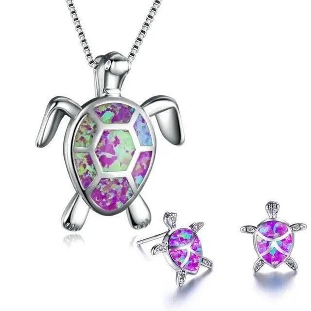 Set: Necklace and Earrings with Sea Turtle in Opal and White Gold