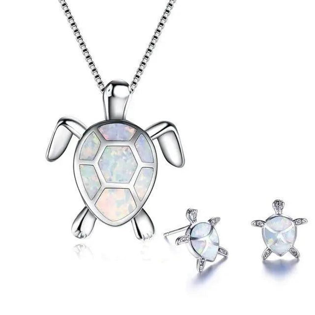 Set: Necklace and Earrings with Sea Turtle in Opal and White Gold