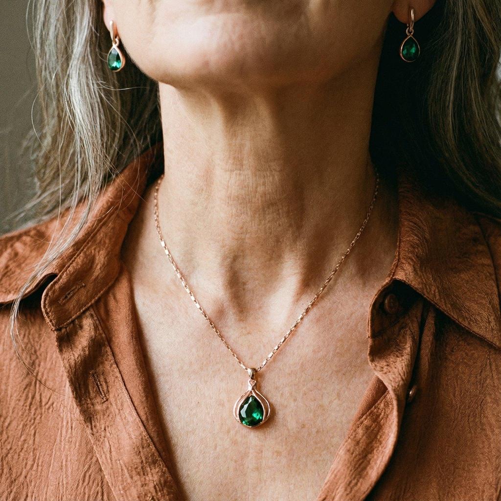 Set: Necklace and Earrings with Green Crystal | Gold