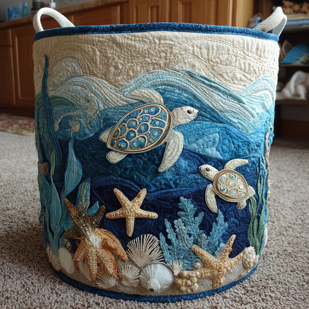Quilted Laundry Basket with Sea Turtle