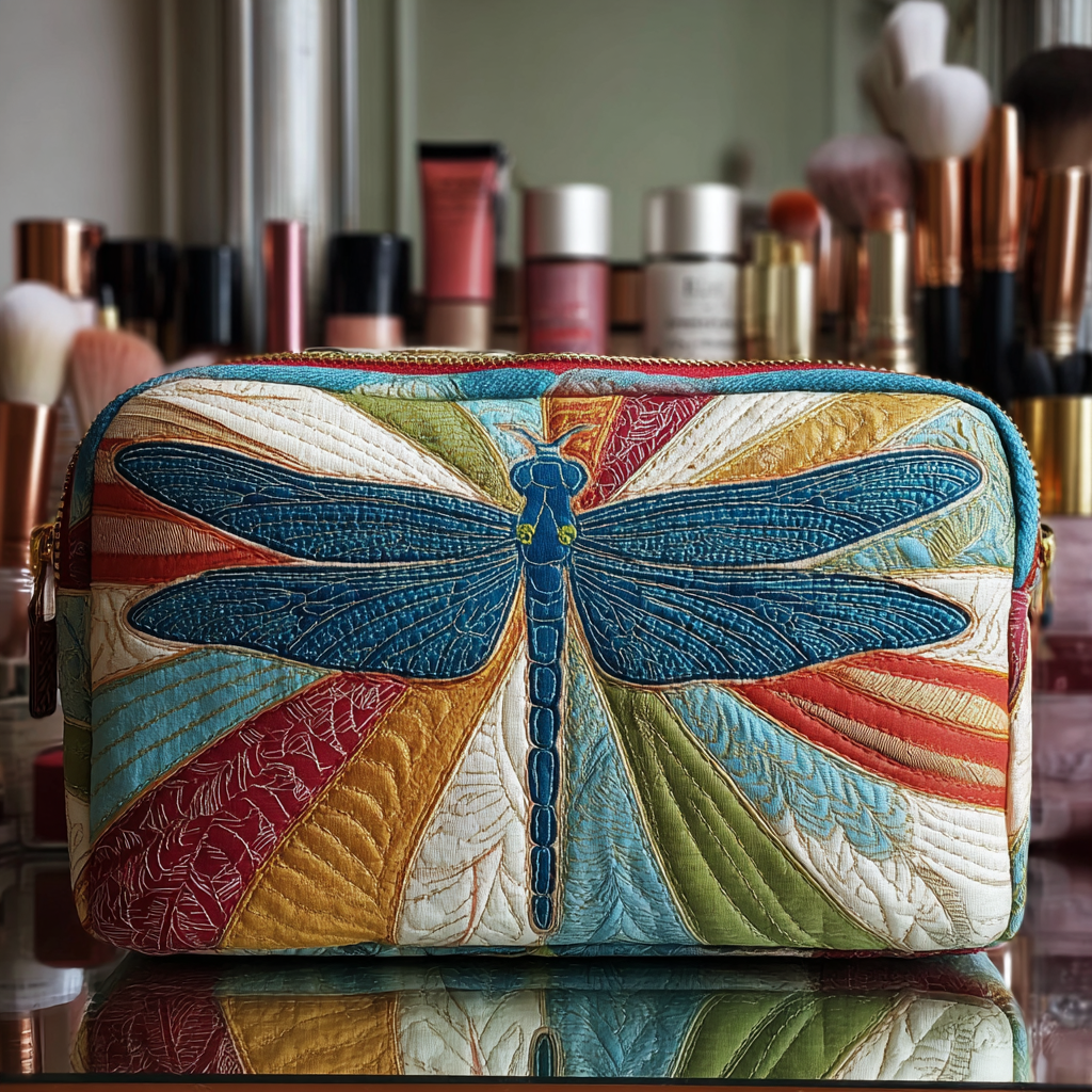 Quilted Makeup Bag with Glowing Dragonfly