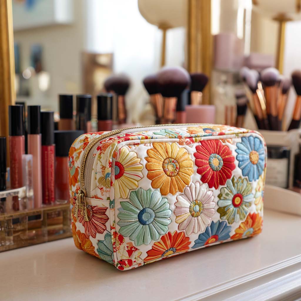 Quilted Makeup Bag with Shimmering Petals