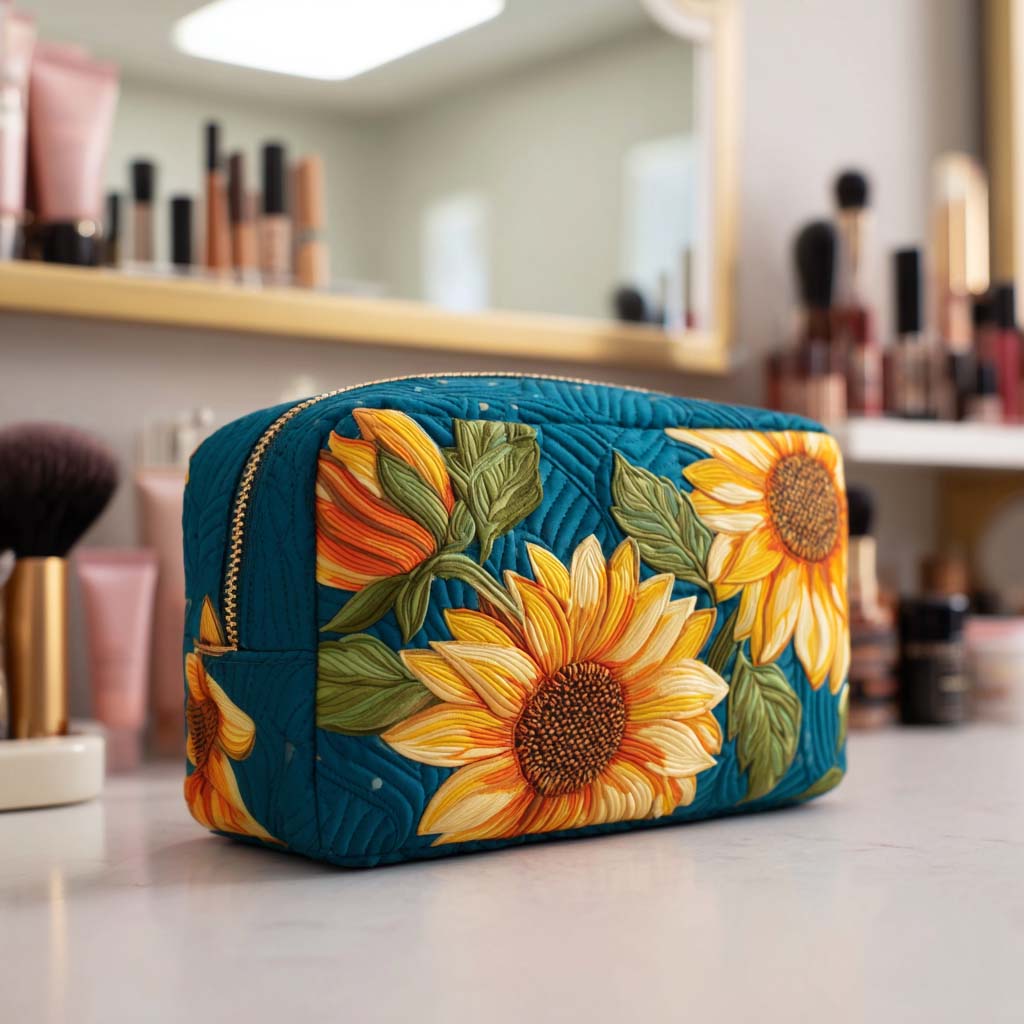 Quilted Makeup Bag with Happy Flower