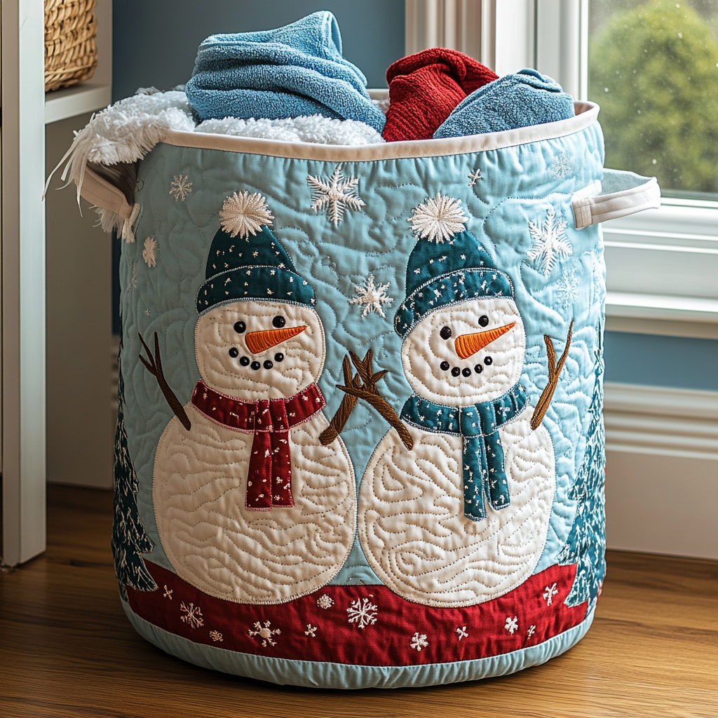 Quilted Laundry Basket with Snowman