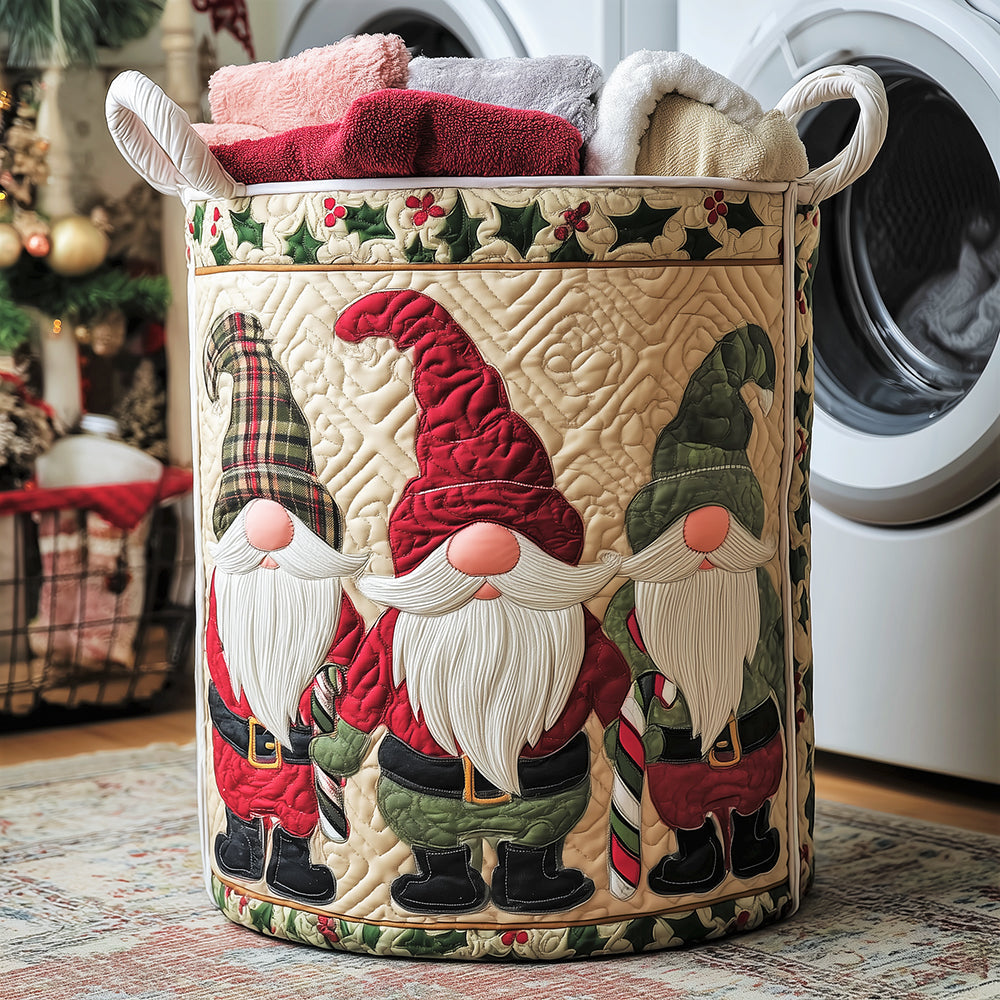 Quilted Laundry Basket with Decorative Gnomes