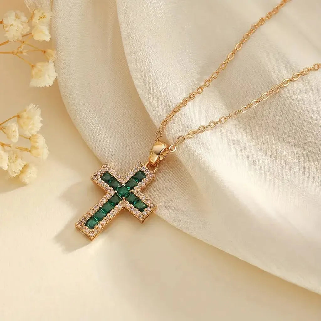 Solene Cross Necklace with Emerald