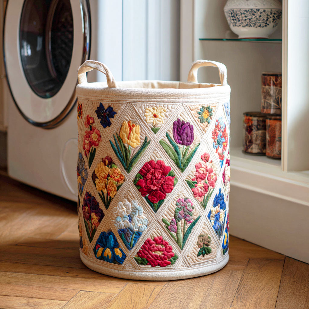 Quilted Laundry Basket with Floral Design