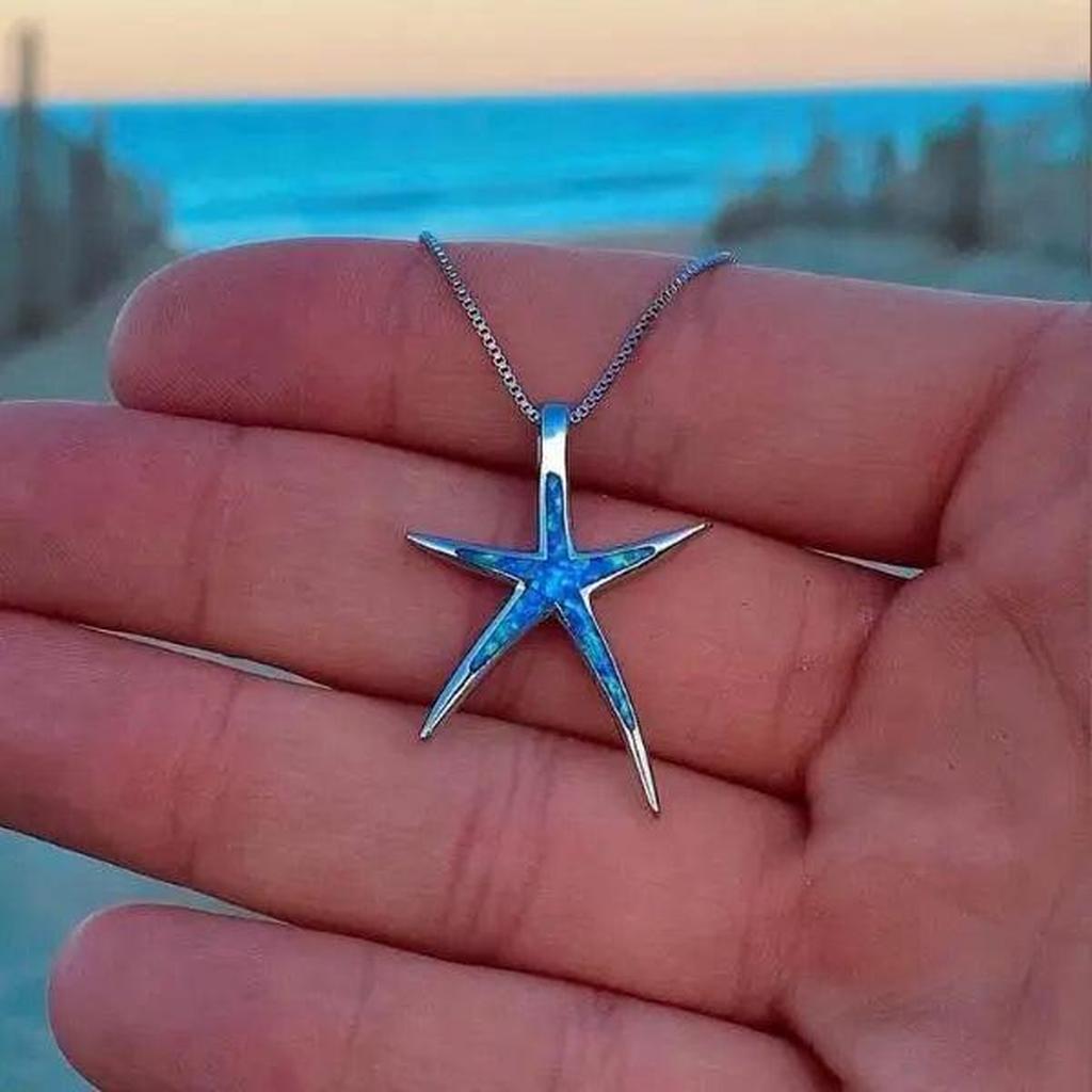Star Pendant with Blue Opal in White Gold