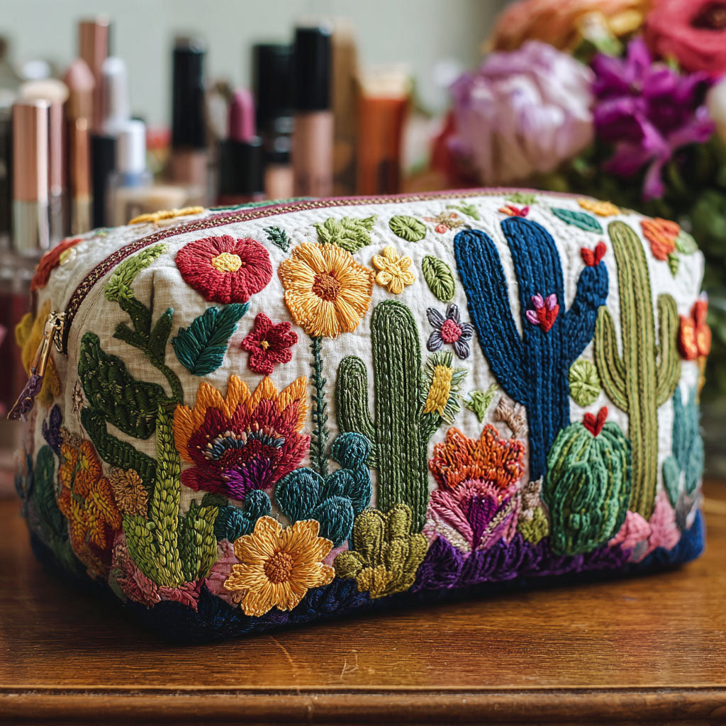 Quilted Makeup Bag with Succulents