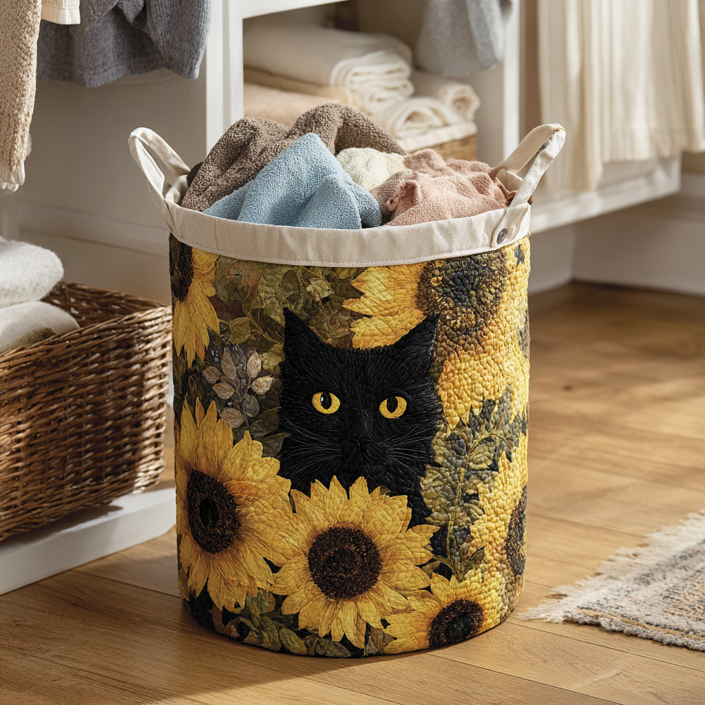 Quilted Laundry Basket with Black Cat and Sunflower