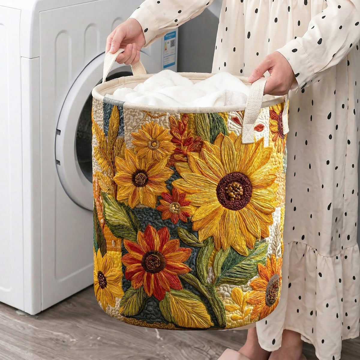 Quilted Laundry Basket with Sunflowers
