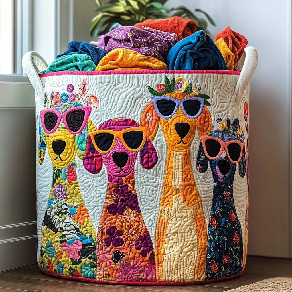 Quilted Laundry Basket with Happy Dogs