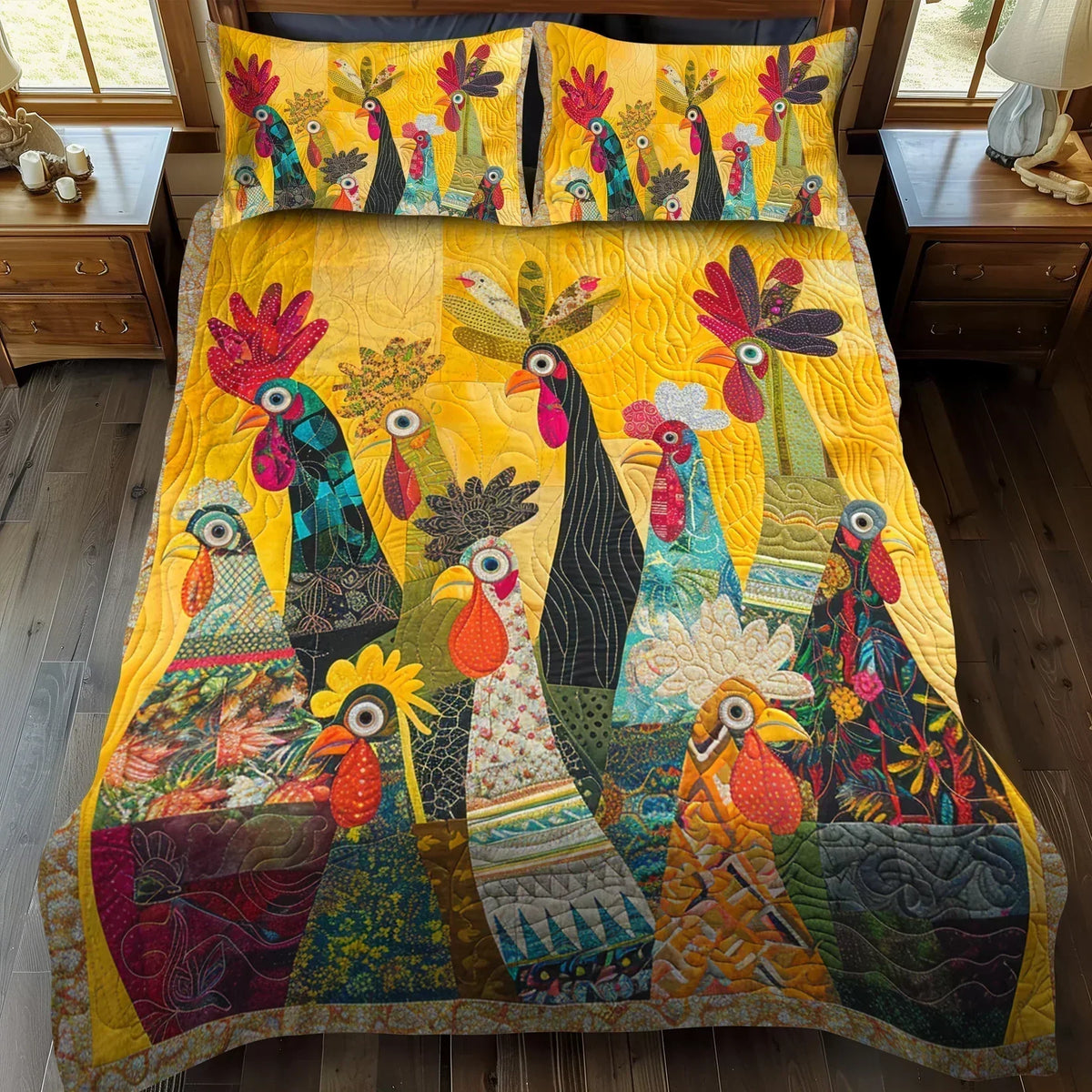 3-Piece Quilted Bedding Set – Roosters at Dawn
