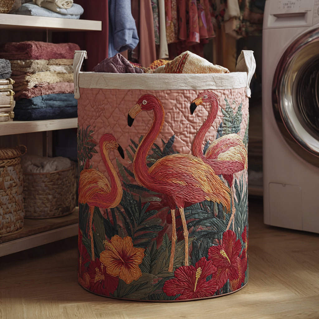 Quilted Laundry Basket with Flamingos