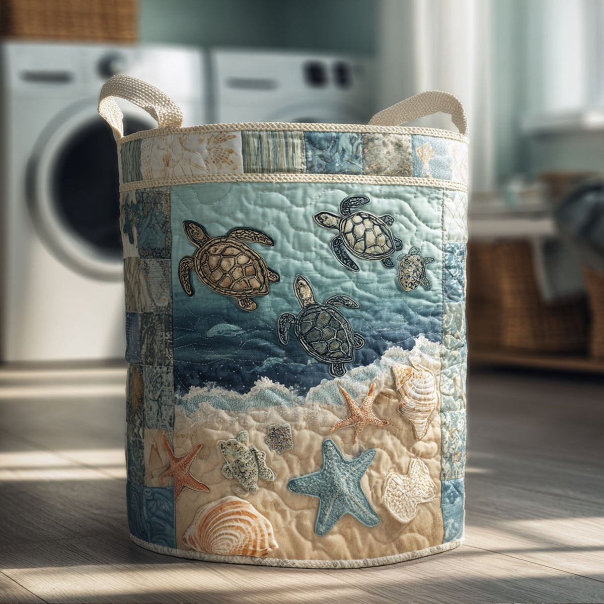 Quilted Laundry Basket with Sea Turtle