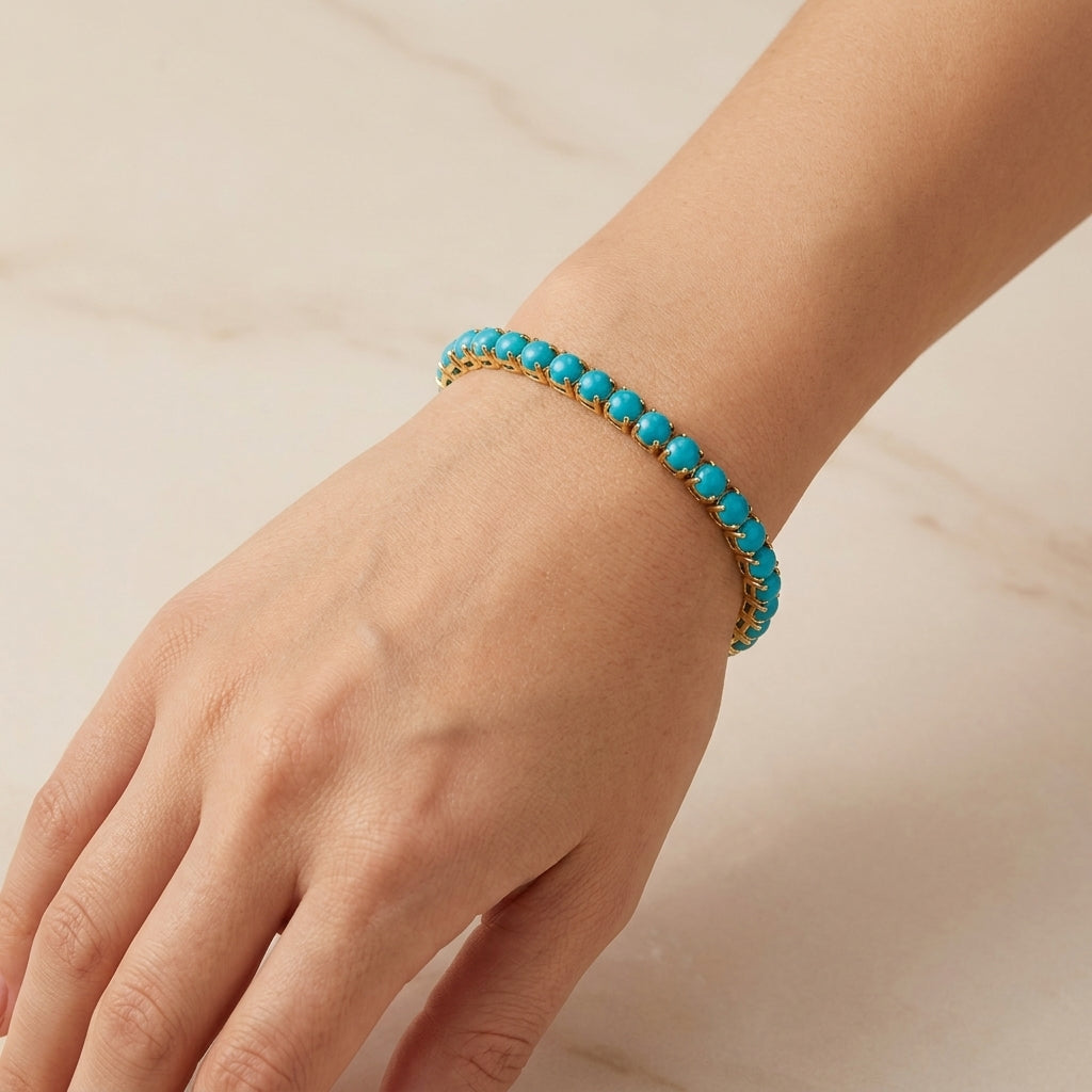 Round Tennis Bracelet in Turquoise | Gold