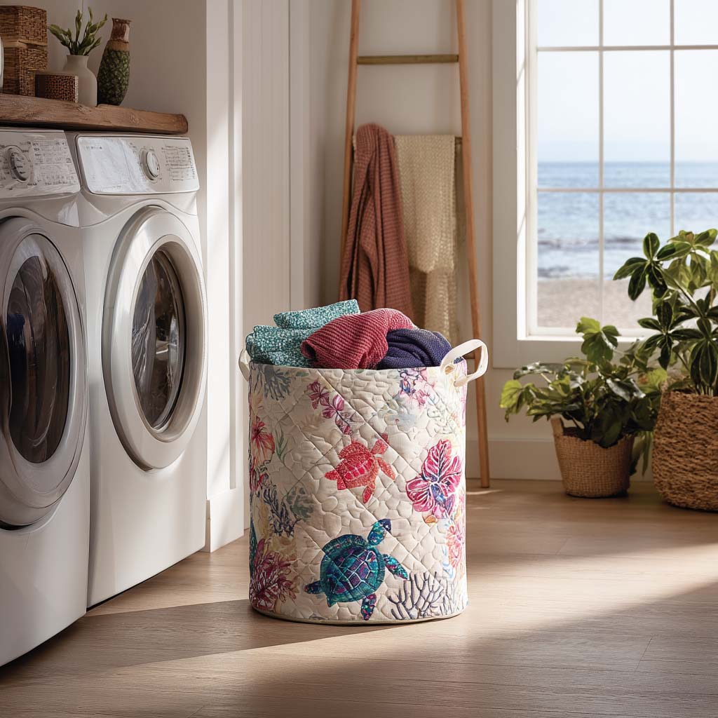 Quilted Laundry Basket with Sea Turtle